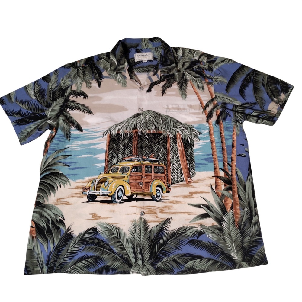 Kalaheo Mens Hawaiian Shirt XL Blue Woodie Car Surf Hut Tropical Palm MIUSA
